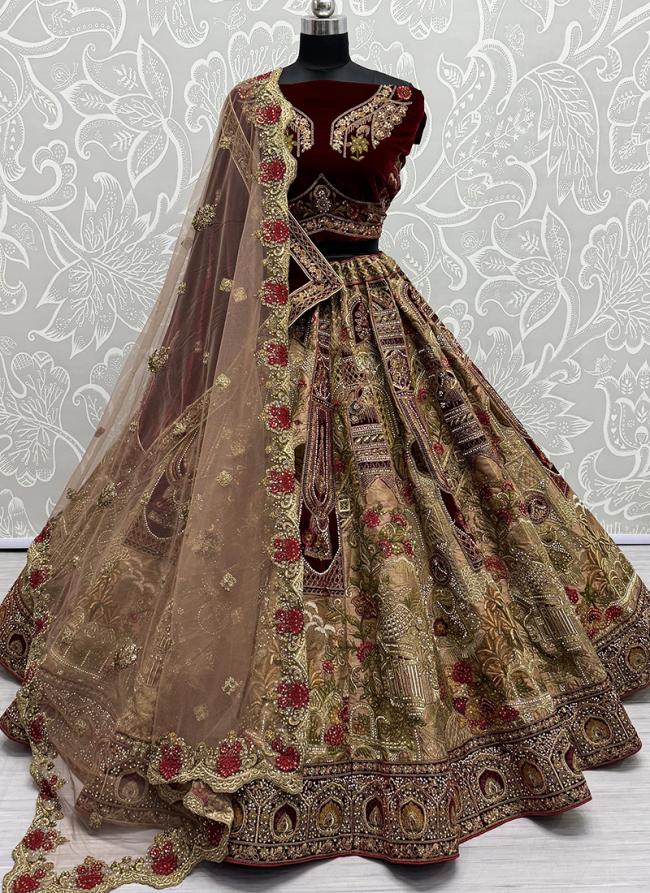 Velvet Chicku Bridal Wear Embroidery Work Lehenga Choli